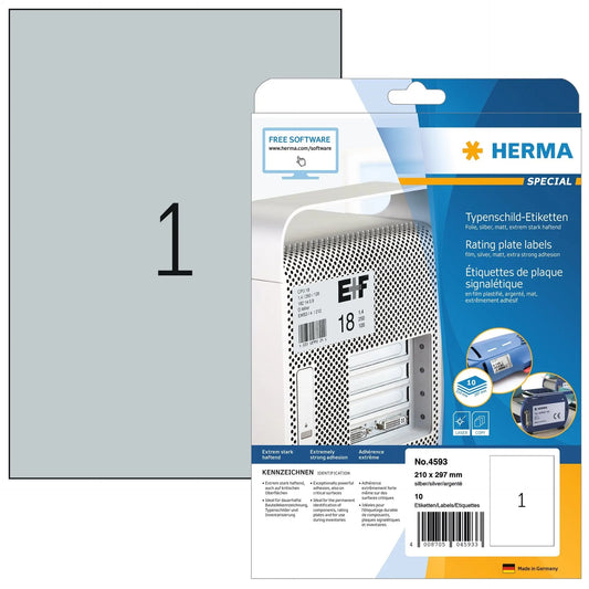 HERMA Typenschild-Etik. 210x297mm 4593 silber,PP matt 10 Stk./10 Bl. Idealshop