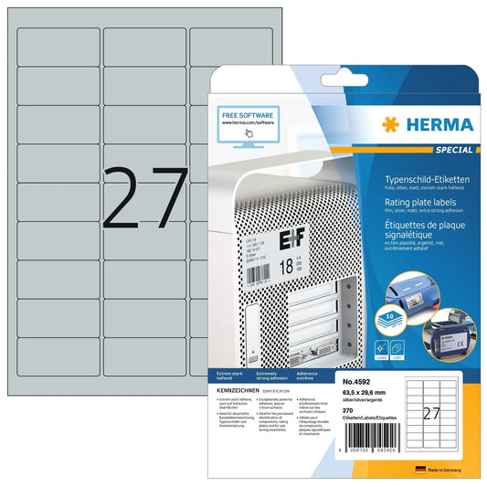 HERMA Typenschild-Etik. 63,5x29,6mm 4592 silber,PP matt 270 Stk./10 Bl. Idealshop