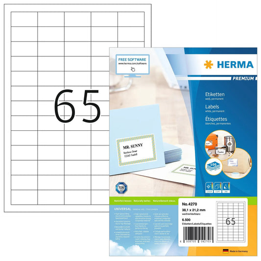 HERMA Universal-Etikett. 38,1x21,2mm 4270 weiss 6500 St./100 Blatt Idealshop
