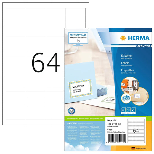 HERMA Universal-Etikett. 48,3x16,9mm 4271 weiss 6400 St./100 Blatt Idealshop