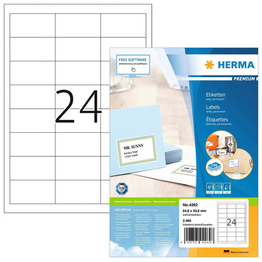 HERMA Universal-Etikett. 64,6x33,8mm 4262 weiss 2400 St./100 Blatt Idealshop