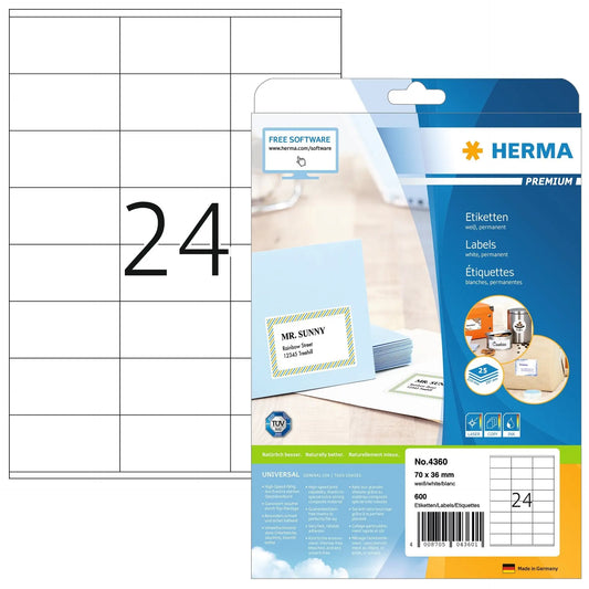 HERMA Universal-Etikett. 70,0x36,0mm 4360 weiss 600 St./25 Blatt Idealshop