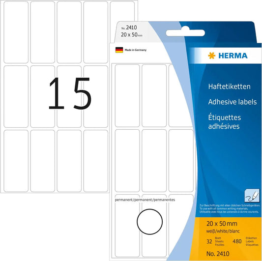HERMA Universal-Etiketten 20x50mm 2410 weiss 480 Stück/32 Blatt Idealshop