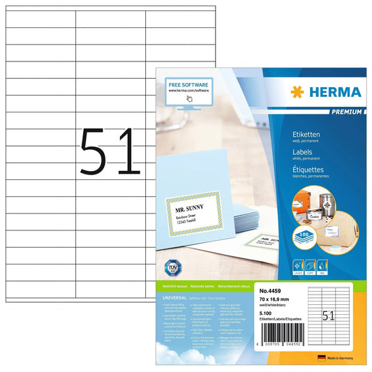 HERMA Universal-Etiketten 70x16,9mm 4459 weiss 5100 St./100 Blatt Idealshop