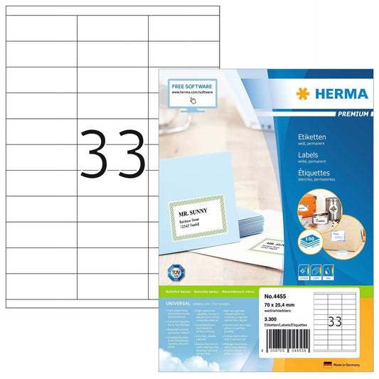 HERMA Universal-Etiketten 70x25,4mm 4455 weiss 3300 St./100 Blatt Idealshop