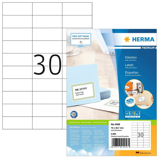 HERMA Universal-Etiketten 70x29,7mm 4456 weiss 3000 St./100 Blatt Idealshop