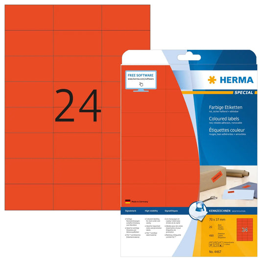 HERMA Universal-Etiketten 70x37mm 4467 rot 480 St./20 Blatt Idealshop