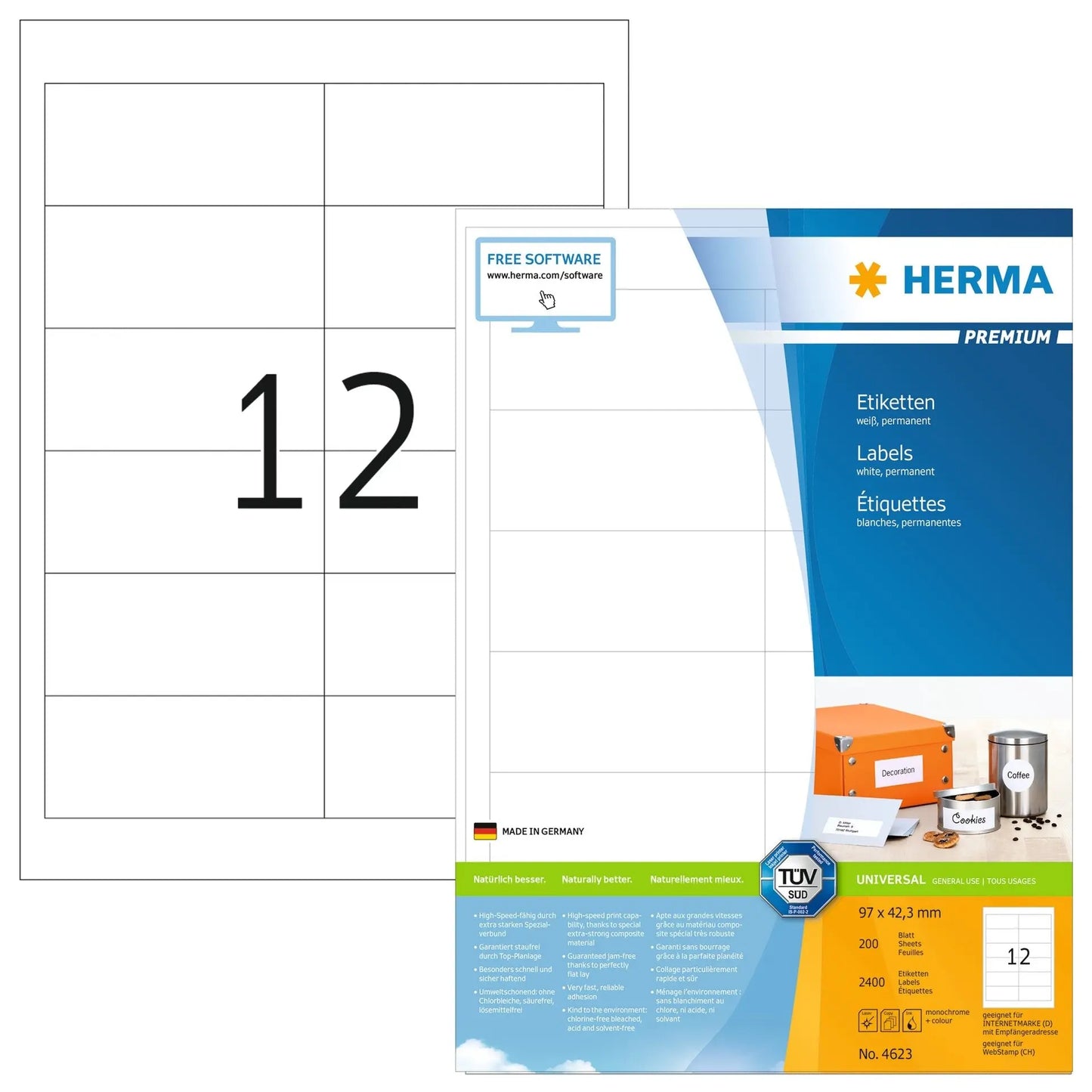 HERMA Universal-Etiketten 97x42,3mm 4623 weiss 2400 St./200 Blatt Idealshop