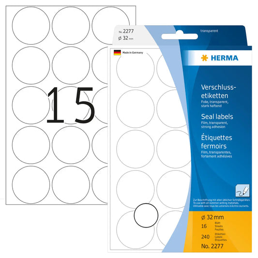 HERMA Verschlussetiketten 32mm 2277 transparent 240 St./16 Blatt Idealshop