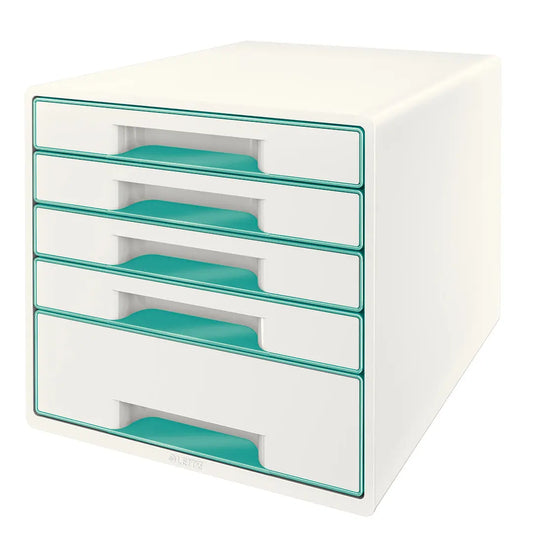 LEITZ Schubladenbox WOW Cube A4 52142051 weiss/eisblau, 5 Schubladen Idealshop