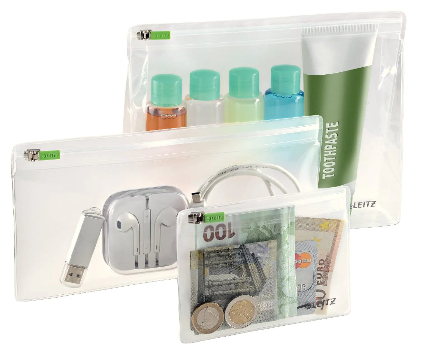 LEITZ Zip-Verschlusstasche XS,S,M 40100000 transparent, ass. 3 Stück Idealshop