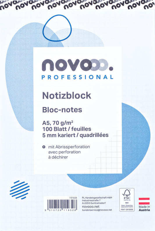 NOVOOO Notizblock weiss A5 731506 kariert 5mm, 70g 2x100 Blatt Idealshop