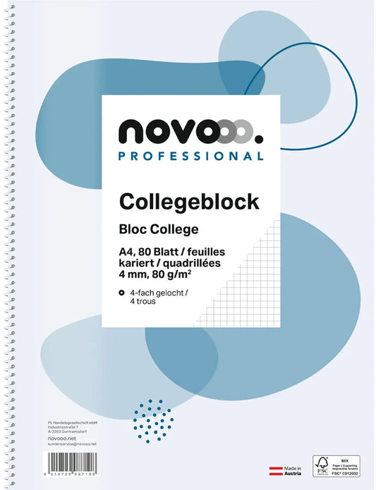 NOVOOO Collegeblock A4 729797 4mm kariert, 80g 80 Blatt Idealshop