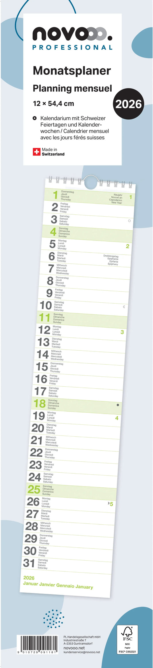 NOVOOO Monatsplaner 2026 88901900NO26U D/F/I/E 12x54.4cm Idealshop