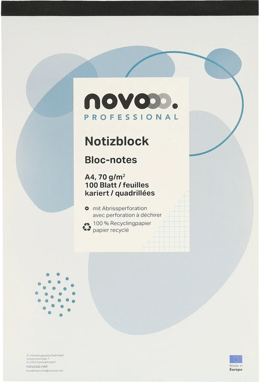 NOVOOO Notizblock recycling A4 694729 kariert 4mm, 70g 2x100 Blatt Idealshop