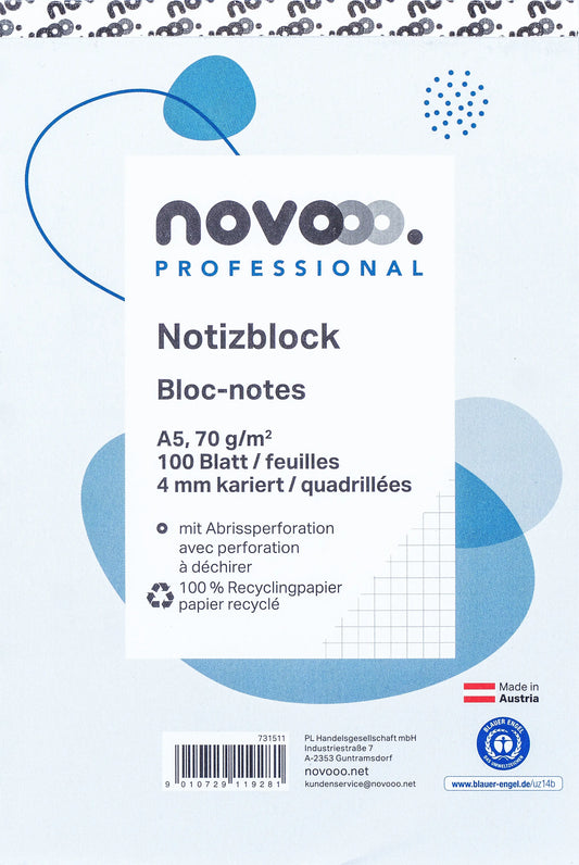 NOVOOO Notizblock recycling A5 731511 kariert 4mm, 70g 2x100 Blatt Idealshop