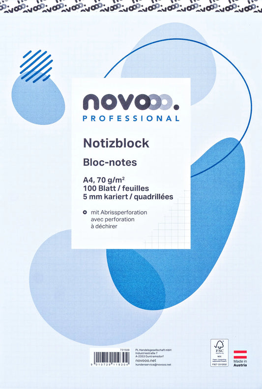 NOVOOO Notizblock weiss A4 731508 kariert 5mm, 70g 100 Blatt Idealshop