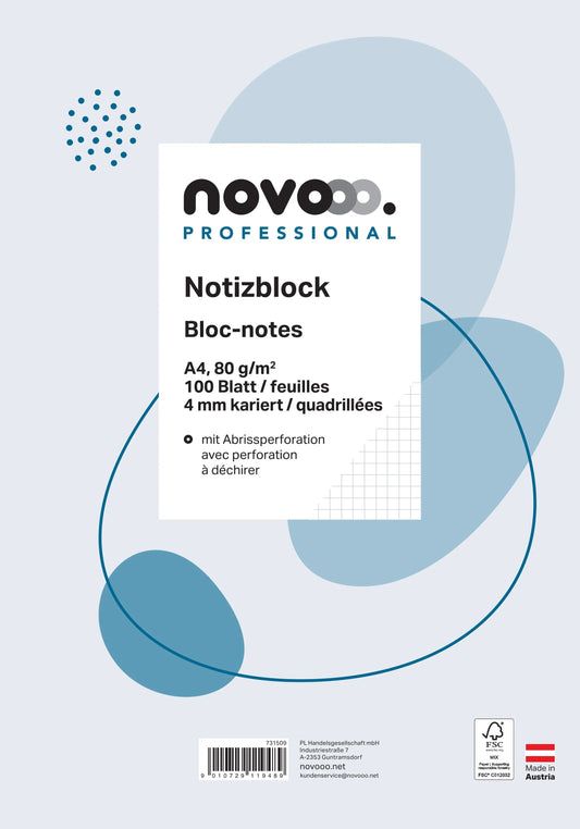 NOVOOO Notizblock weiss A4 731509 kariert 4mm, 80g 100 Blatt Idealshop
