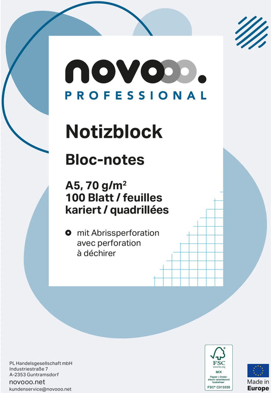 NOVOOO Notizblock weiss A5 694723 kariert 4mm, 70g 5x100 Blatt Idealshop