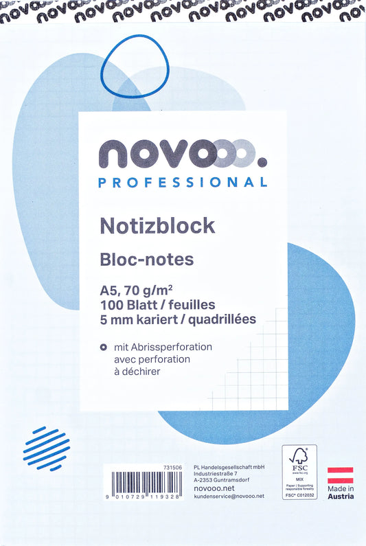 NOVOOO Notizblock weiss A5 731506 kariert 5mm, 70g 2x100 Blatt Idealshop