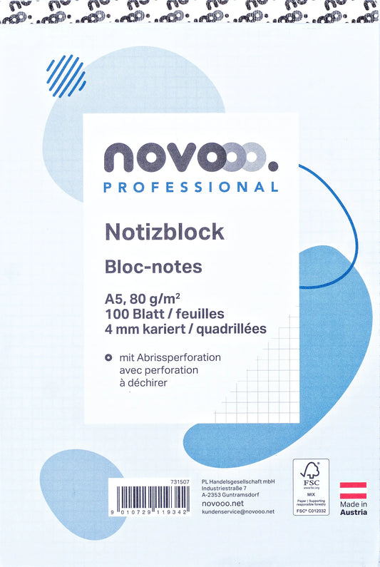 NOVOOO Notizblock weiss A5 731507 kariert 4mm, 80g 2x100 Blatt Idealshop