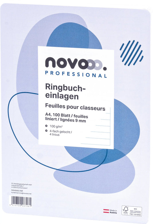 NOVOOO Ringbucheinlagen A4 729795 liniert 9mm,100g,Rand 100 Bl. Idealshop