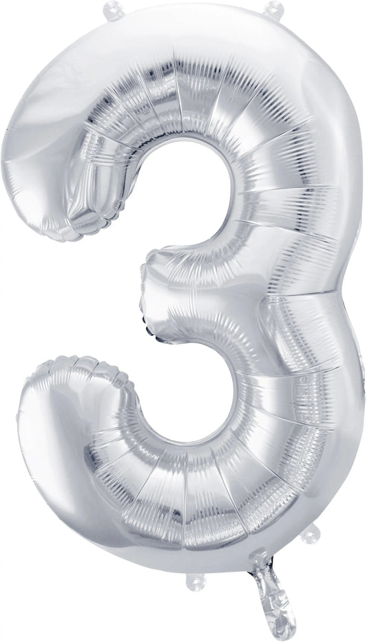PARTYDECO Folienballon Ziffer 3 86cm FB1M-3-018 silber Idealshop