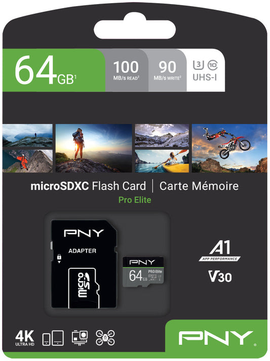 PNY micro-SDXC Pro Elite 64GB P-SDU64GV31100PRO-GE UHS-I U3 A1 & adapter Idealshop