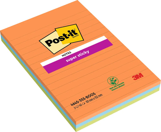 POST-IT Block Super Sticky 101x152mm 4645-3SS-BOOS 3 farbig liniert 3x45 Blatt Idealshop