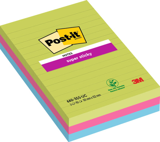 POST-IT Block Super Sticky 102x152mm 660-3SSUC 3-farbig ass.,3x90Bl.,liniert Idealshop