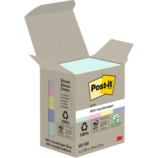POST-IT Haftnotizen Recycling 38x51mm 653-1GB rainbow 6x100 Blatt Idealshop