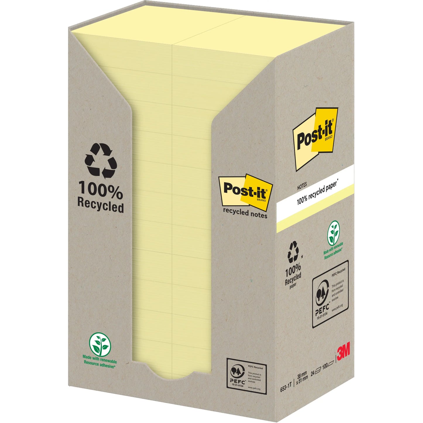POST-IT Haftnotizen Recycling 51x38mm 653-1T gelb, 24x100 Blatt Idealshop