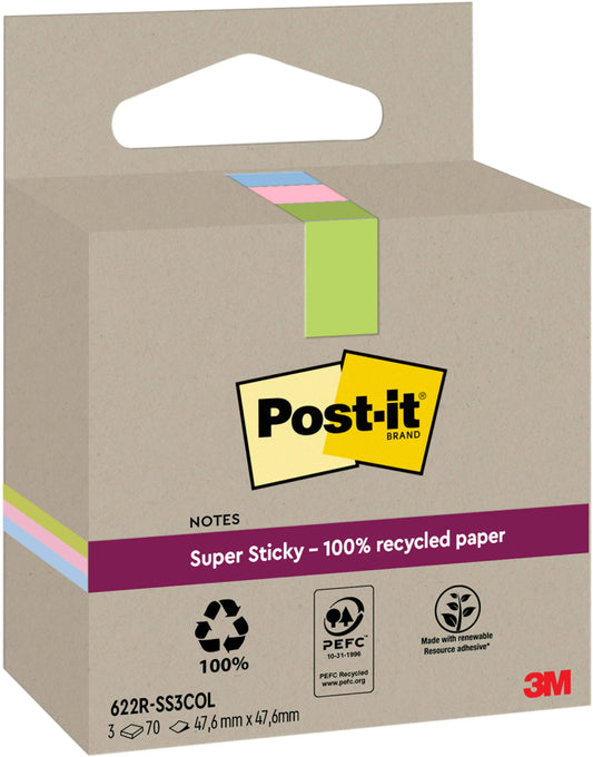 POST-IT SuperSticky Notes 47.6x47.6mm 622 RSS3COL Recycling,assort. 3x70 Blatt Idealshop