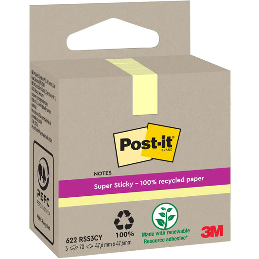 POST-IT SuperSticky Notes 47.6x47.6mm 622 RSS3CY Recycling,gelb 3x70 Blatt Idealshop