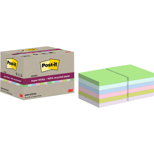 POST-IT SuperSticky Notes 76x76mm 654 RSS12COL Recycling,assort. 12x70 Blatt Idealshop