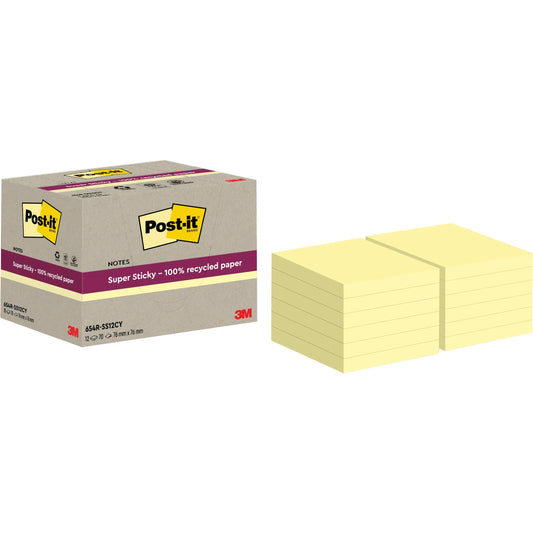 POST-IT SuperSticky Notes 76x76mm 654 RSS12CY Recycling,gelb 12x70 Blatt Idealshop