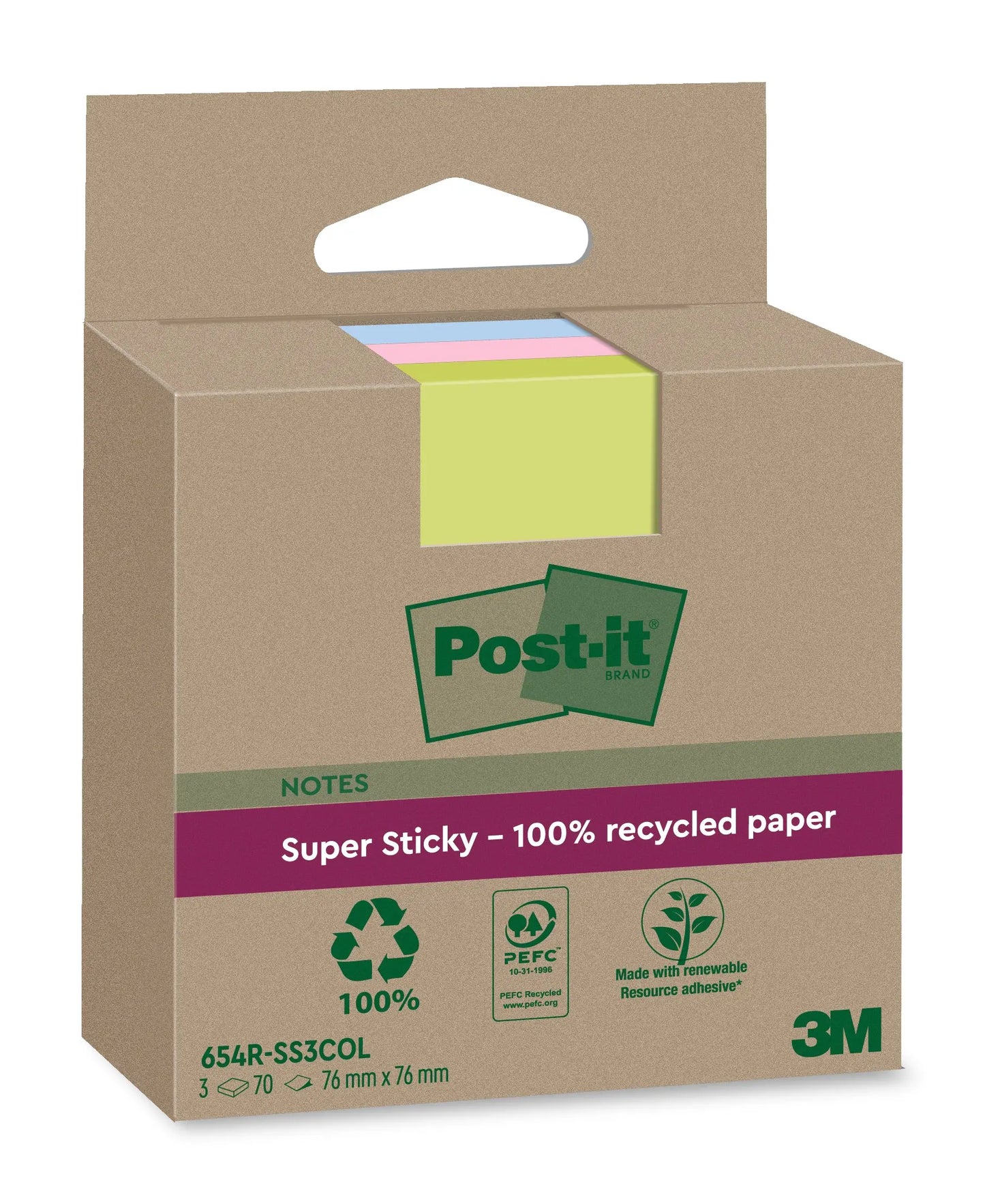 POST-IT SuperSticky Notes 76x76mm 654 RSS3COL Recycling,assort. 3x70 Blatt Idealshop