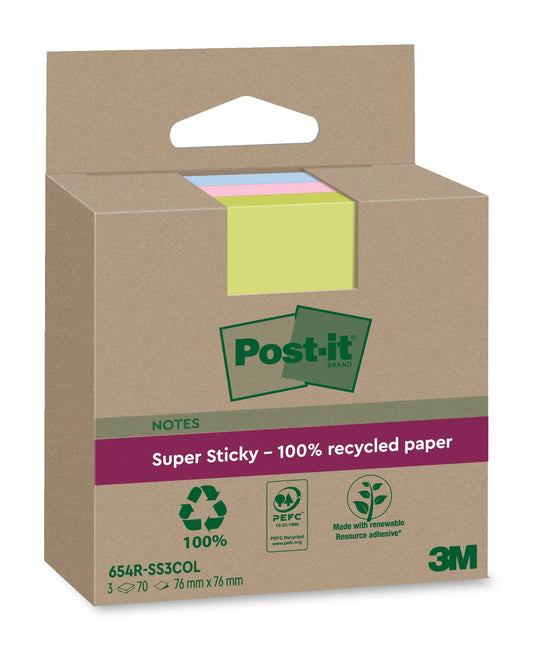 POST-IT SuperSticky Notes 76x76mm 654 RSS3COL Recycling,assort. 3x70 Blatt Idealshop
