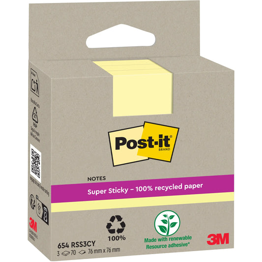 POST-IT SuperSticky Notes 76x76mm 654 RSS3CY Recycling,gelb 3x70 Blatt Idealshop