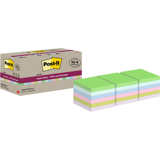 POST-IT SuperSticky Notes 76x76mm 654 RSSCOL 14+4F Recycling,assort. 18x70 Blatt Idealshop