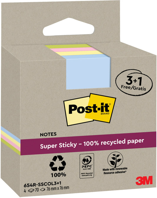 POST-IT SuperSticky Notes 76x76mm 654 RSSCOL 3+1F Recycling,assort. 4x70 Blatt Idealshop