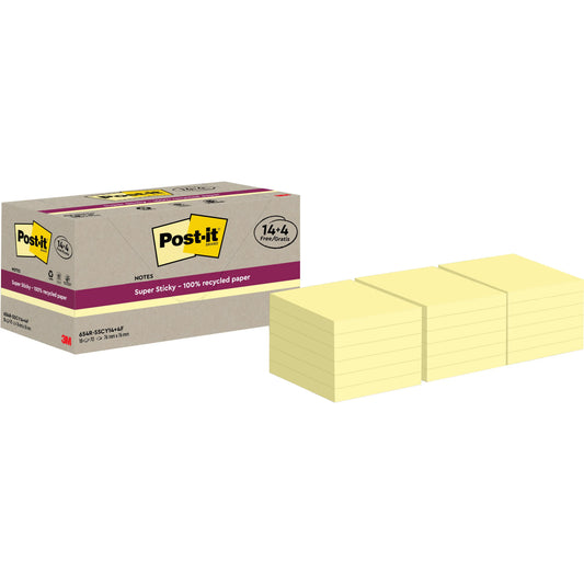 POST-IT SuperSticky Notes 76x76mm 654 RSSCY 14+4F Recycling, gelb 18x70 Blatt Idealshop