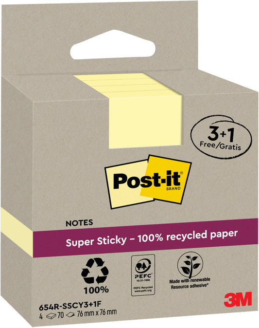 POST-IT SuperSticky Notes 76x76mm 654 RSSCY 3+1F Recycling,gelb 4x70 Blatt Idealshop