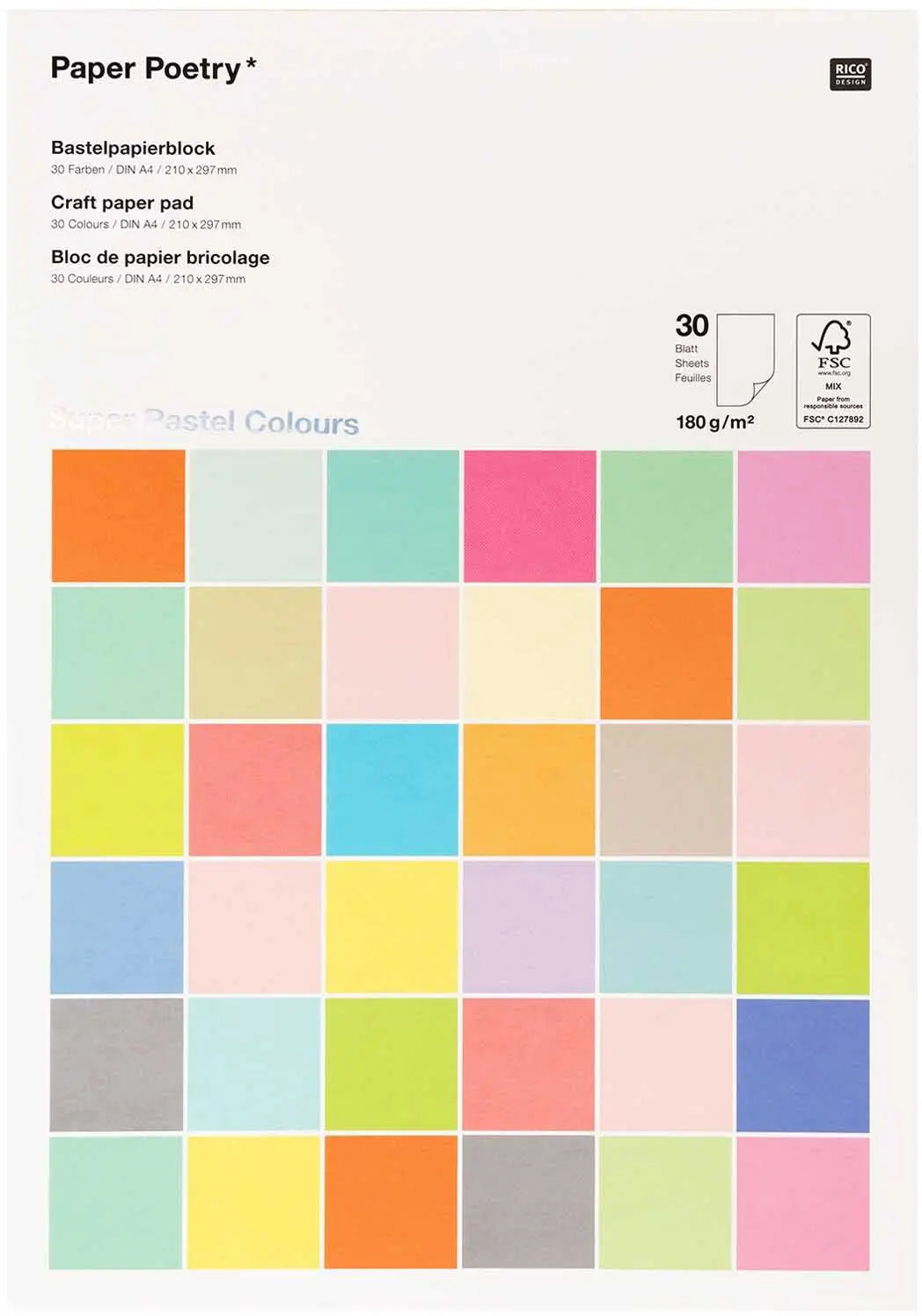 RICO DESIGN Bastelblock A4 0 Super Pastel 180g, 30 Blatt Idealshop