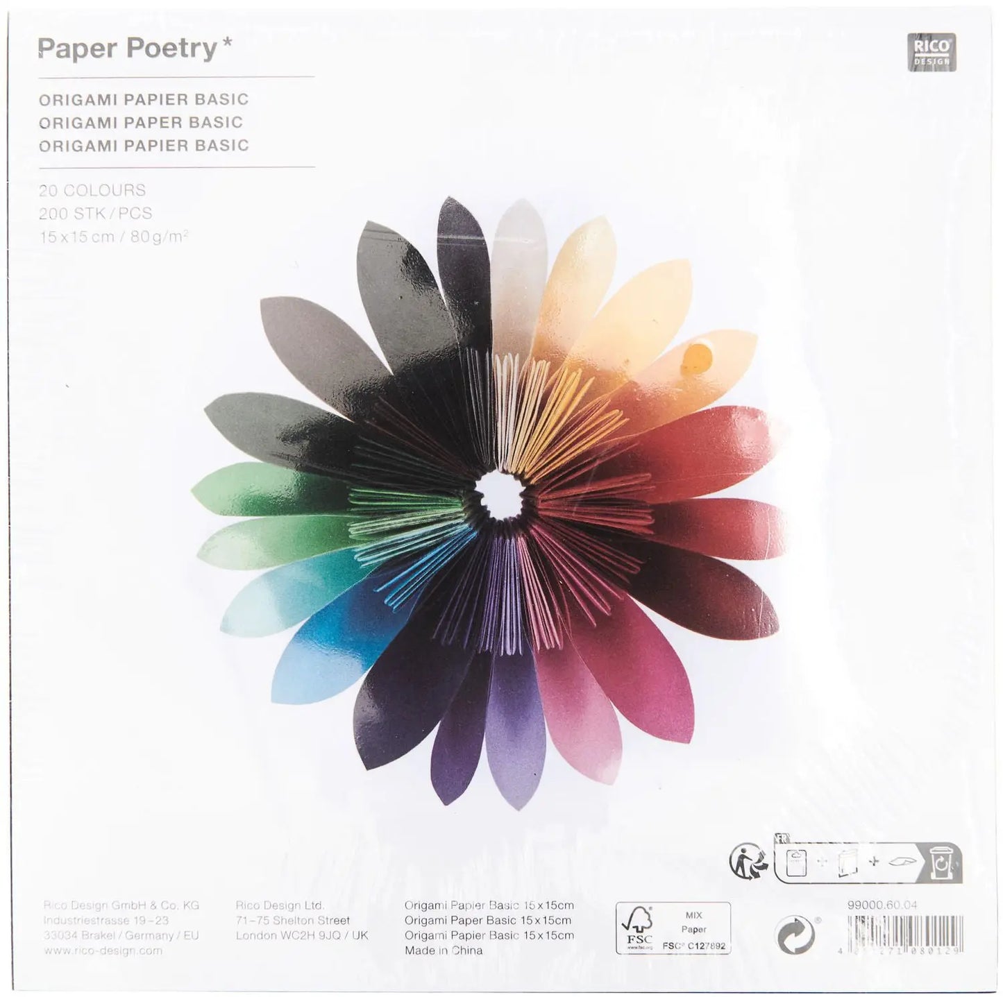 RICO DESIGN Faltblätter Origami 15x15cm 0 Basic 80g, 200 Blatt Idealshop