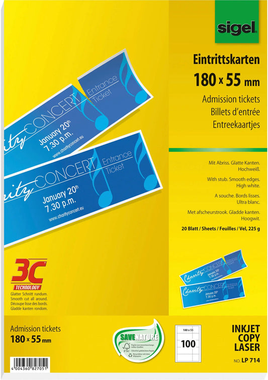 SIGEL Eintrittskarten, Abriss weiss LP714 3C,225g,180x55mm,100ST=20BL Idealshop