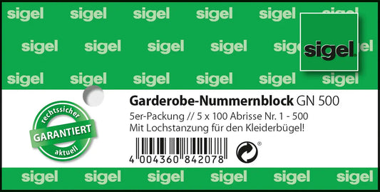 SIGEL Garderobe-Nummernblock GN500 num.1-500,2fbg,sort,5x100 BL Idealshop
