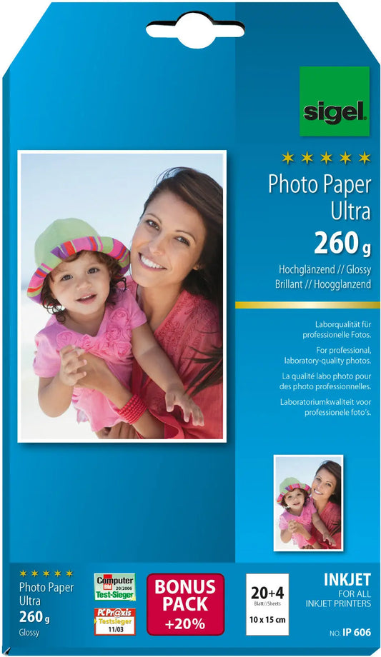 SIGEL InkJet Fotopapier 10x15cm IP606 260g,glossy, weiss 24 Blatt Idealshop