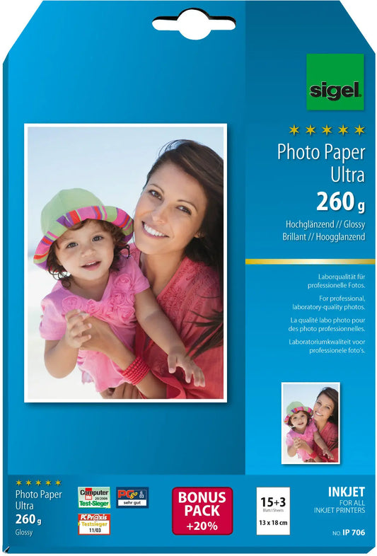 SIGEL InkJet Fotopapier 13x18cm IP706 260g,glossy, weiss 18 Blatt Idealshop