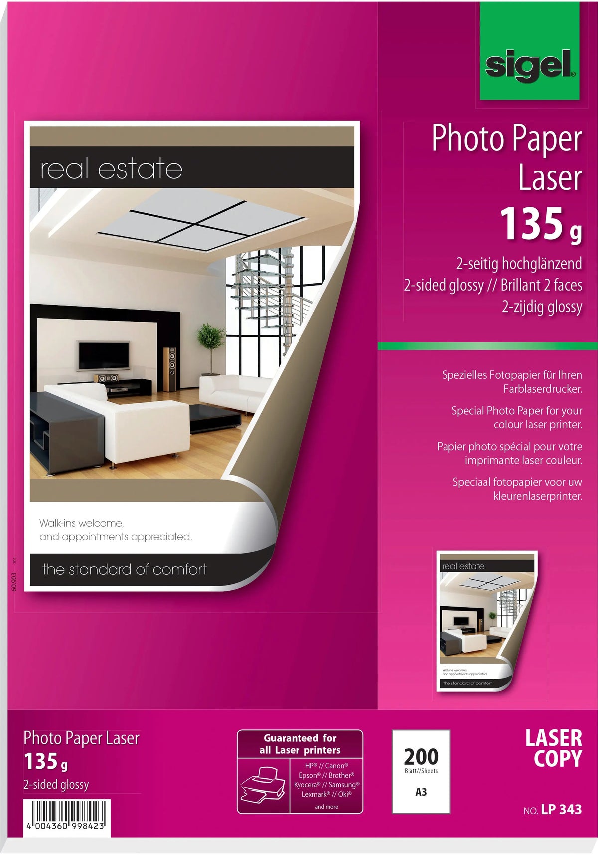 SIGEL Laser Photopapier A3 LP343 135g,glossy, weiss 200 Blatt Idealshop